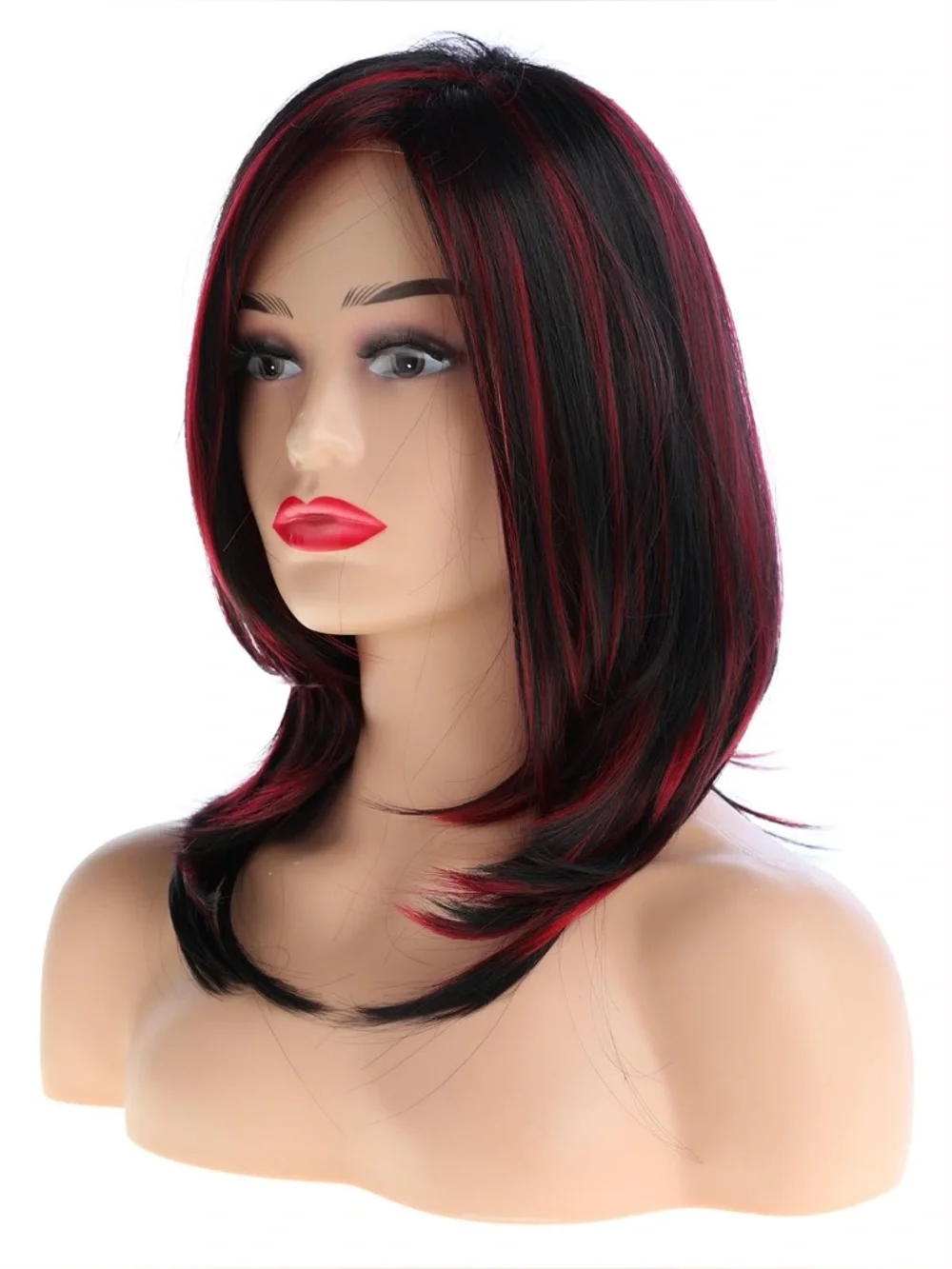 Black Wig with Red Highlights - Stylish Layered Women's Hair